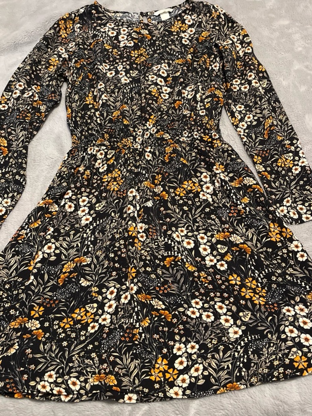 H&M Black Floral Long-Sleeve Fit-and-Flare Dress with Mustard Accents